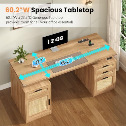 60" Rattan Electric Standing Desk with Drawers for Home Office, Oak - Image 7