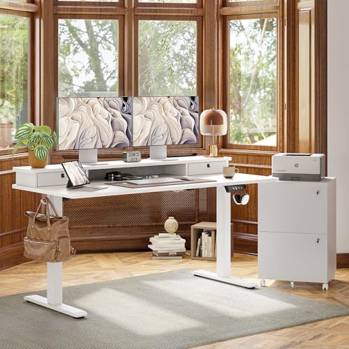 TIQLAB Standing Desk with Two Drawers, Stand Up Standing Desk Adjustable Height, Electric Sit Stand Table with Storage Shelf and Splice Board, 63 * 24 inch, White - Image 2