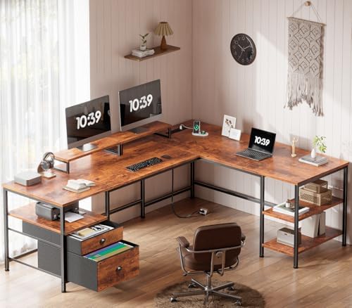 Furologee 66” L Shaped Desk with Power Outlet, Reversible Home Office Desk with File Drawer, 2 Monitor Stands, Storage Shelves, Corner Computer Table for Gaming, Writing, Rustic Brown - Image 2