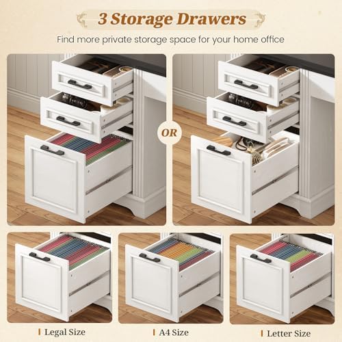 SEDETA Farmhouse L Shaped Desk with Hutch and 3 Drawers, 68.9" Executive Office Desk with File Drawer and Power Outlet, Corner Computer Desk with Storage Shelves for Home Office, White - Image 3