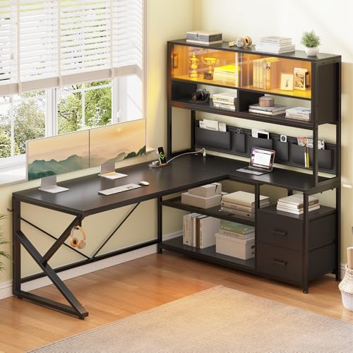 SEDETA L Shaped Gaming Desk with Storage Shelves, 2 Drawer, LED Light - Image 3