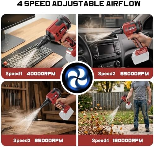 Upgraded Cordless Air Duster Blower Compatible with Milwaukee 18V Battery, 4-in-1 Portable Compressed Air Mattress Pump, 120,000 RPM Brushless Motor, 4-Speed & 500 MPH for Car, PC Cleaning(Tool Only) - Image 6