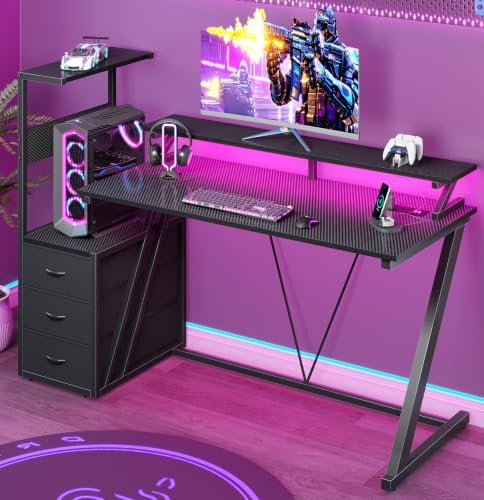 Gaming Desk with LED Lights & Power Outlet, 44.5 Inch Z Shaped Office PC Computer Desk with 3 Fabric Drawers & Monitor Stand, Gamer Table with Storage Shelves for Bedroom, Office Carbon Fiber Black by OOTDTY