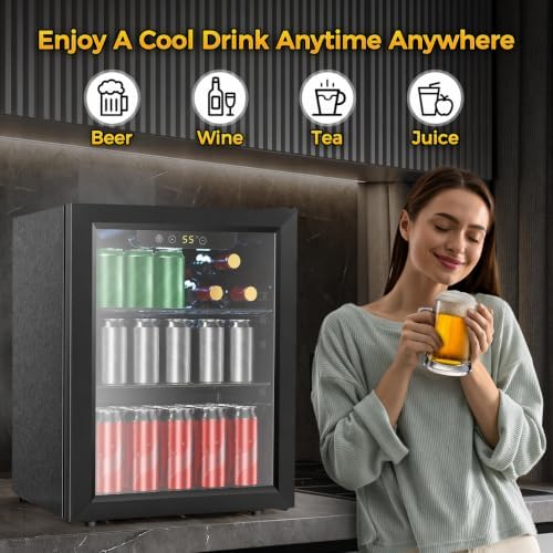COWSAR Mini Fridge Cooler, 16 Bottle 68 Can Beverage Refrigerator with Glass Door for Wine Beer Soda, Wine Fridge with Touch Control Panel, Wire Shelving for Home Office Bar, 1.7 Cu. Ft - Image 2