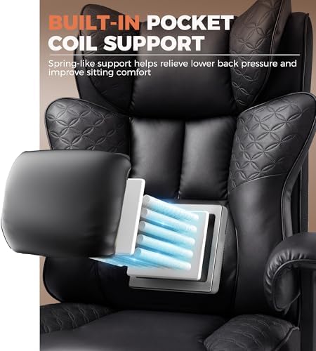 GTPLAYER Big and Tall Office Chair Wide Ergonomic Gaming Chair with Deluxe Embossing Designed Leather with Foot Rest,150°Reclining Adjustable Soft Armrests Pocket Spring Back Support and Pillow - Image 4