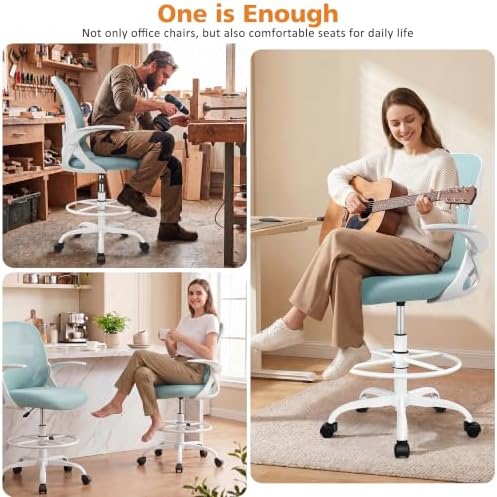 Drafting Chair Tall Office Chair with Flip-up Armrests, Adjustable Height, and Enhanced Lumbar Support - Ergonomic Rolling Stool, Back Support, and Adjustable Foot Rest Ring Light Blue - Image 4