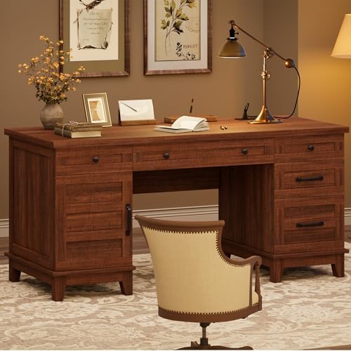 60" Executive Desk with Power Outlet, Home Office Desk with Drawers, Wooden Work Desk with File Cabinet, Computer Desk for Work, Study, Writing, Brown - Image 5