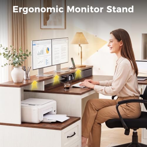 OffiGo Farmhouse 68 Inch L Shaped Executive Desk with Drawers, Walnut+White - Image 5
