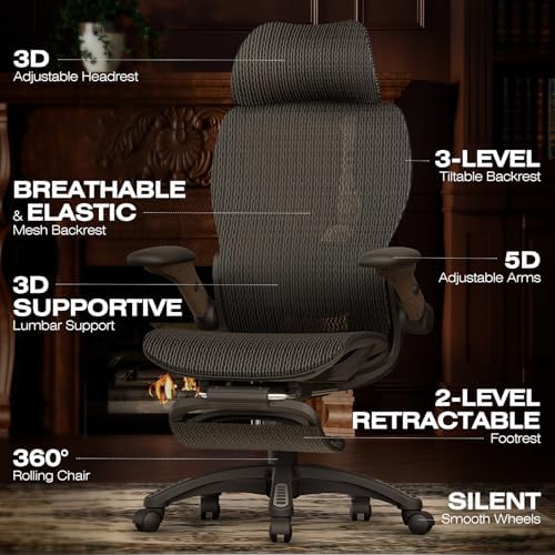 ELABEST X100 Ergonomic Mesh Office Chair with Footrest, Big and Tall Home Desk Chair with 5D Flip-Up Arms, Adjustable 3D Lumbar Support, Gaming & Executive Computer Chair (Library Oak) - Image 3