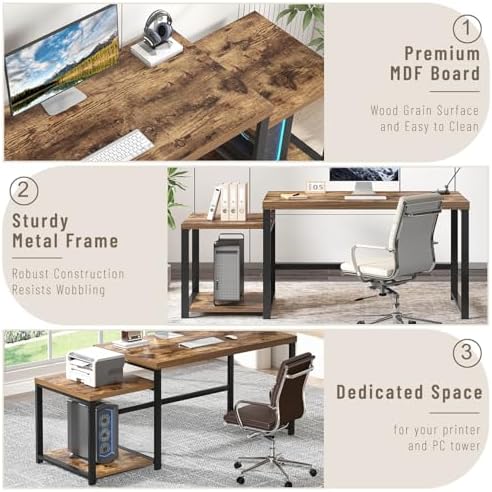 FOLUBAN Large Computer Desk for Home Office with Printer Space, Wood Study Gaming Workstation Table with Storage Shelves, Long Writing Desk for Bedroom Living Room, Rustic Brown, 63 Inch - Image 5