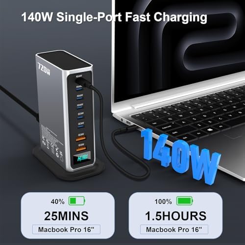720W USB C Fast Charger Block, PD 3.1 140W 8 Port USB Charging Station, GaN Ⅲ Fast Charging Station for Multiple Devices, Laptop Charger Station Compatible with iPhone 17/iPad/MacBook,Samsung, Silver - Image 3