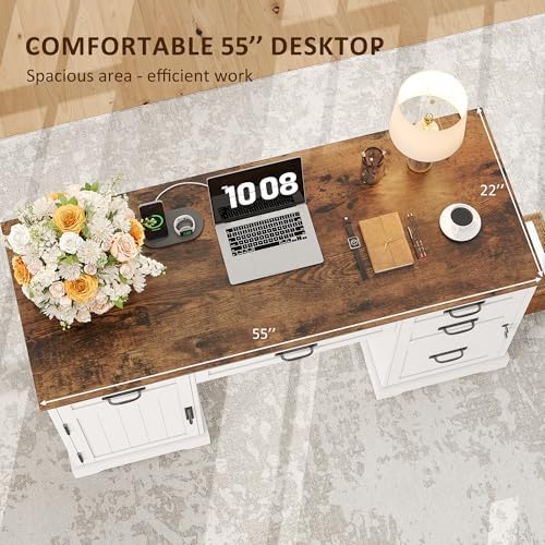 Whalefall 55'' Farmhouse Desk Home Office with Drawers, White - Image 5