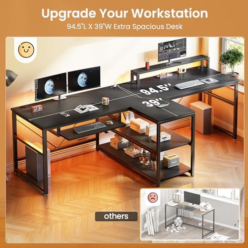 SEDETA 94.5" 2 Person Gaming Desk with Storage Shelves,Carbon Fiber Black - Image 3