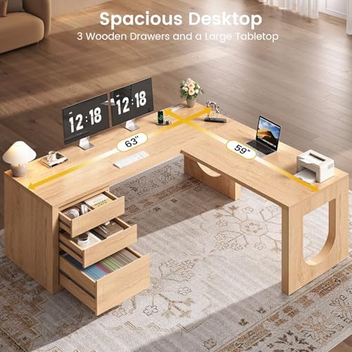 SEDETA 63" Modern L Shaped Desk with 3 Drawers, Executive Office Desk - Image 4