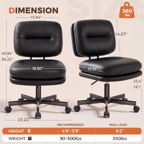 COMHOMA Home Office Desk Chair with Comfy Lumbar Support, Small Vanity Chair with Wheel for Bedroom, Thick Padded & Armless, 19.1"-25.4" Height Adjustable, Soft PU Leather, Black - Image 2