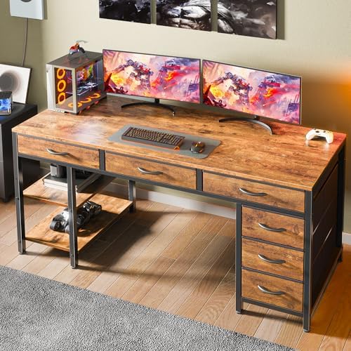Huuger Computer Desk with 6 Drawers, Office Desk with Shelves, Reversible Gaming Desk, Corner Desk with Storage, Work for Home Office, Study, Living Room, 54inch, Rustic Brown - Image 2