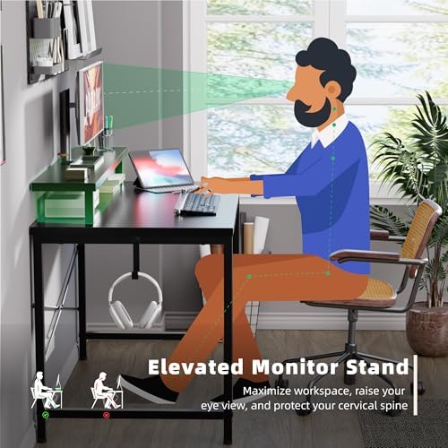 Pamray 32 Inch Small Computer Desk with Monitor Stand, Simple Office Desk with Headphone Hook for Small Spaces, Kids Study Writing Table for Bedroom, Grey - Image 4