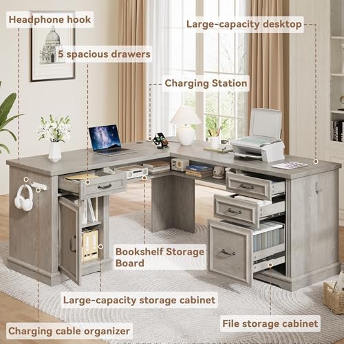 Farmhouse L Shaped Executive Desk with 4 Drawers, Home Office Desk with Hidden Under-Desk Storage Shelf and Charging Station, File Cabinet Storage, Wood Corner Computer Desk for Work and Study(Grey) - Image 4