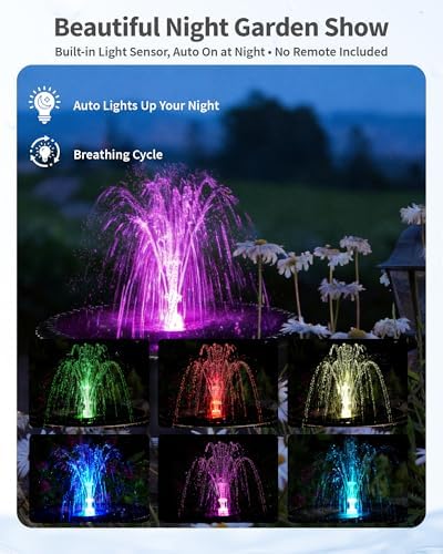 POPOSOAP 8W Solar Fountain Pump with 3200mAh Battery Backup & LED Lights, Solar Water Fountain Kit with 8 Nozzles & PVC Tubing for Bird Bath, Pond, Fish Tank, Backyard Decor P108DL - Image 4