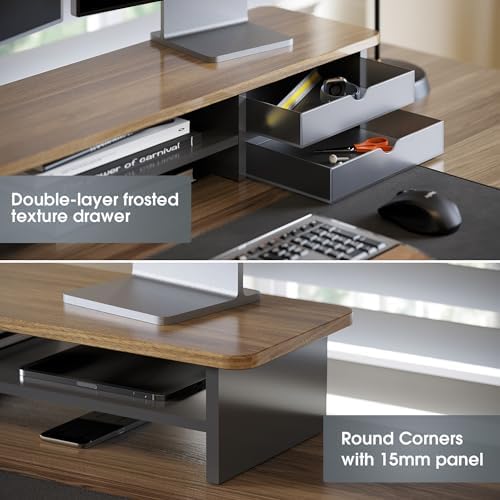 Fenge Monitor Stand, Desk Computer Riser with Frosted Storage Drawer, Brown - Image 4