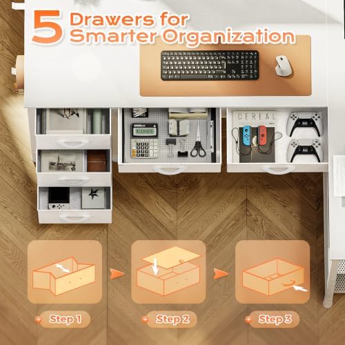 PRAISUN 47 Inch L Shaped Desk with Power Outlets, 5 Fabric Drawers - Image 5