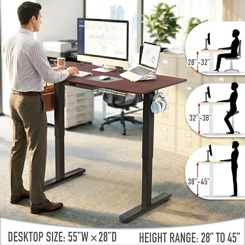 SHW 55 x 28 Electric Height Adjustable Standing Desk w/Drawer, Cherry - Image 6