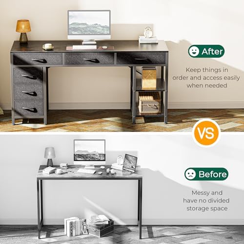 Huuger Computer Desk with 6 Drawers, Office Desk with Shelves, Reversible Gaming Desk, Corner Desk with Storage, Work for Home Office, Study, Living Room, 54inch, Black - Image 5
