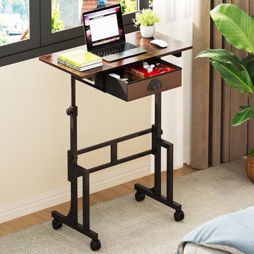 Adjustable Height Standing Desk With Drawer, Rolling Sit Stand Up Desk With Wheels, Small Sit To Stand Computer Desk, Adjustable Desktop Height, On Wheels, Brown, For Walking Pad Laptop Treadmill by Cidaziya
