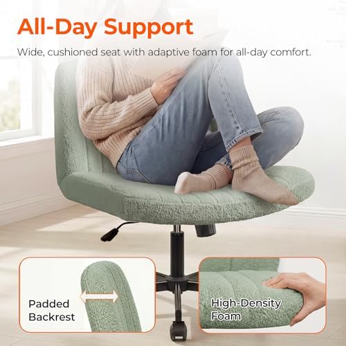 Orange Factory Criss Cross Chair with Wheels, Wide Vanity Seat, Green Teddy - Image 4