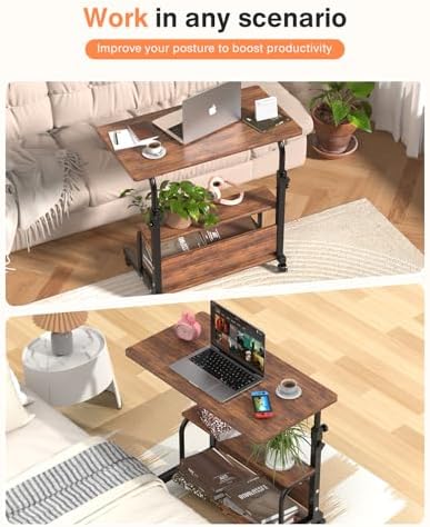 QZMDSM Portable Rolling Desk on Wheels Adjustable Height Desks for Small Spaces, 32" Computer Desk Drafting Tables with Storage Shelves for Home Office Rustic - Image 4