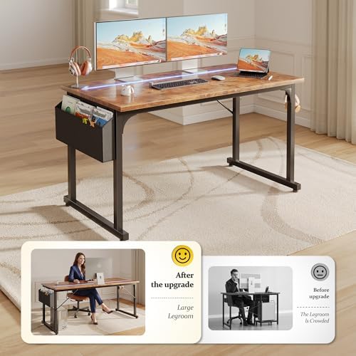 DurayLoly 48" Computer Desk with Waterproof LED Lights for Bedroom,Brown - Image 4
