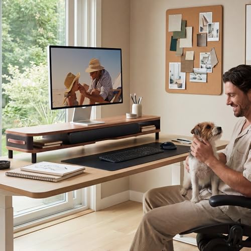 Fenge Dual Monitor Stand with Large Storage Drawer, 42.5" Desk Shelf, Brown - Image 2
