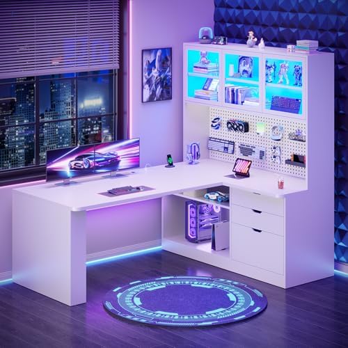 SEDETA L Shaped Corner Gaming Desk with 3 Wood Drawer and Large Bookshelf by SEDETA