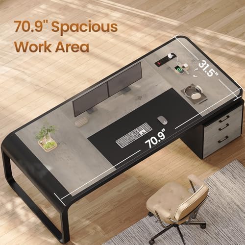 Itaar 70.9" Executive Desk, Large Computer Desk with Drawers and Lateral File Cabinet, Office Desk with Removable Shelves, Business Furniture Desk Workstation for Home Office, Gray - Image 3