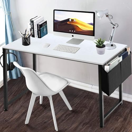 Lufeiya Computer Desk White Writing Table for Small Spaces Home Office 39 Inch Modern Study PC Desk with Storage Bag Hook, White Black - Image 2