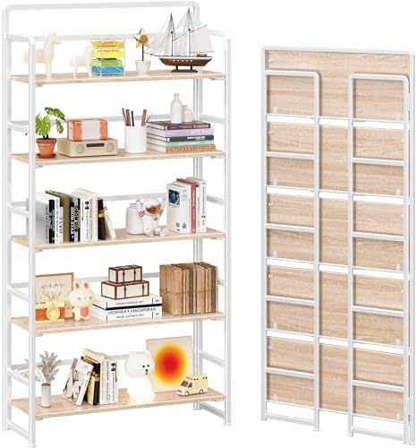 4NM No Assembly Extra Wide 5 Tier Folding Bookshelf Tall Storage Shelves Vintage Bookcase Standing Racks Study Organizer Home Office by 4NM