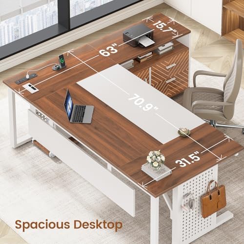 SEDETA 71" Executive Desk with Rolling File Cabinet, Large Office Desk with Drawers, L Shaped Computer Desk with Power Outlets, CPU Stand, Pegboard and Storage Shelves, White - Image 4