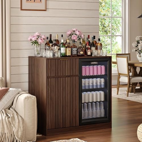 Mini Fridge Cabinet with Power Outlet, Coffee Bar Cabinet with Fridge Space & Wine Glass Rack, Fluted Buffet Sideboard with Drawer & Adjustable Shelf, Home Bar Cabinet for Living, Dining Room Kitchen by RoomtoLiveSpacetoBreathe