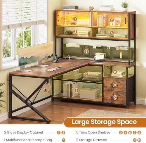 SEDETA L Shaped Office Desk with Storage Shelves, 2 Drawer, LED Light - Image 5