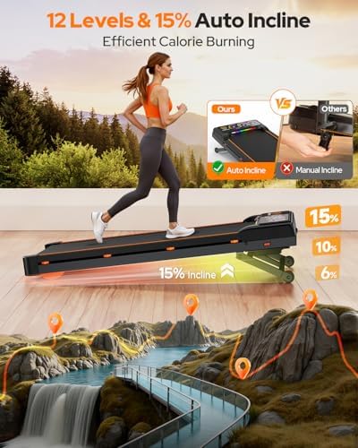 Walking Pad Treadmill with 15% 12-Level Auto Incline, 450 lbs Capacity UI Screen, Trisomy 3.5HP Quiet Under Desk Treadmill with Speaker & Remote, Compact Treadmills for Home Hiking - Image 3
