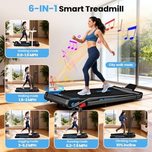 Treadmill with Speaker, 6-in-1 7.5MPH Foldable Treadmill for Home with App Compatible, Walking Pad with 10% Incline, LED Display, 3.0HP Brushless Drive, 350 LB Weight Capacity, 12 HIIT Programs - Image 2