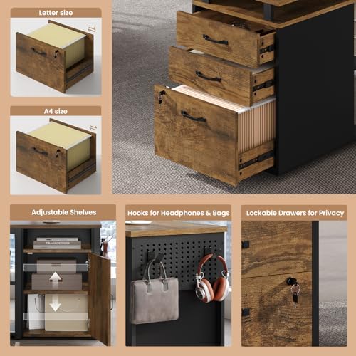 78" Executive Desk with Lockable File Cabinet, L Shaped Office Desk with Power Outlets, Large Executive Desk with Drawers and Storage Shelves, Reversible Computer Desk, Rustic Brown - Image 3