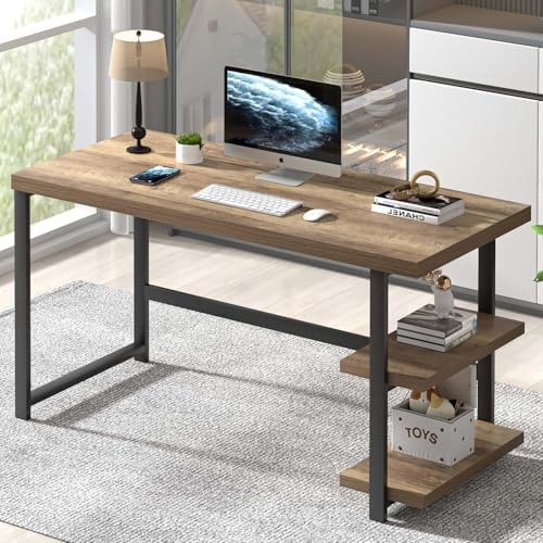 FOLUBAN Computer Desk, Modern Home Office Desk with Storage Shelves, Writing Study Gaming Table for Living Room Bedroom, Rustic Oak, 53 Inch by FOLUBAN