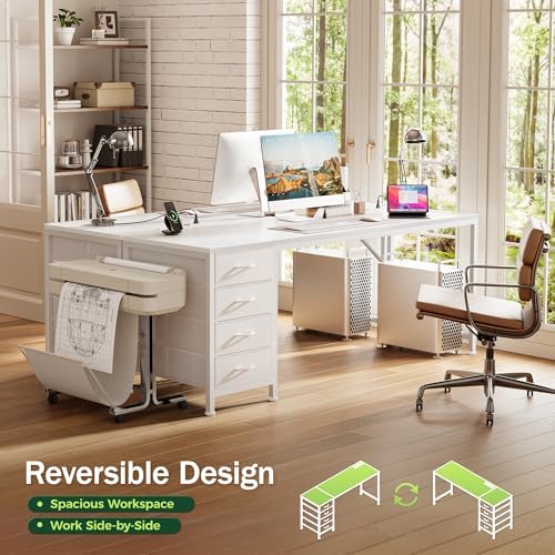 PRAISUN 63 Inch Computer Office Desk with Power Outelts and USB-C Port, Reversible Gaming Desk with 4 Fabric Drawers, Work Study Desk Work from Home, White - Image 4
