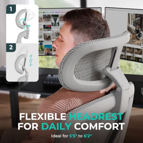 CAPOT Ergonomic Mesh Office Chair, Adjustable Lumbar High Back Desk Chair 400lbs, 4D Flip-up Arms, 3 Tilt Backrest, 3D Headrest, PU Wheels, Swivel Rolling Computer Seating for Long Desk Work - Grey - Image 5