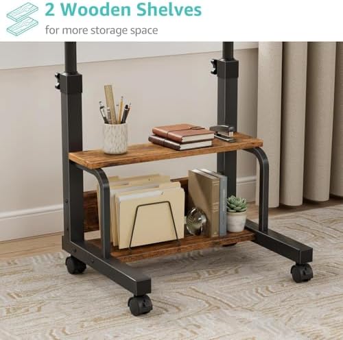 WINAZ C Shaped Rolling Laptop Desk - 24" Rustic Brown Mobile Desk with Wheels for Small Spaces, Height Adjustable Overbed Table with 2-Tier Storage Shelves - Image 6