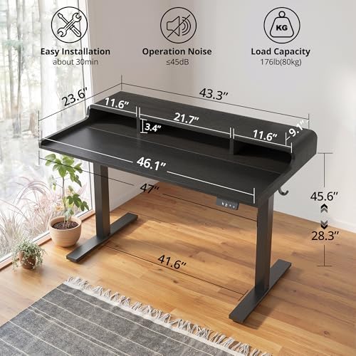 TIQLAB Standing Desk with Storage, 47"×24" Electric Adjustable Desk with Monitor Shelf for Home Office, Stand Up Desk for Study, Work, Writing, Black - Image 3