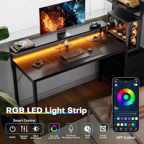 HLDIRECT 60 Inch Gaming Desk with Power Outlets & LED Lights, Black - Image 5