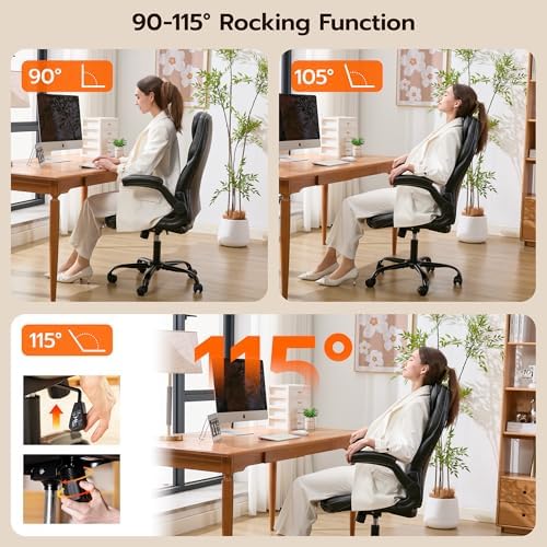 Ylzyxal Office Desk Chair, Ergonomic Computer Chair with Padded Flip-Up Arms and Adjustable Lumbar Support, PU Leather Executive Chair with Tilt Lock and 360° Swivel Rolling Wheels for Work, Study - Image 4