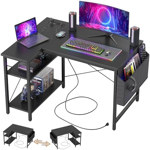 TIQLAB Gaming Desk with Power Outlets - 40 inch L Shaped Computer Desk, Reversible Design Small Corner Desk, Bookshelf Workstation for Work Study Play Home Office, Black by TIQLAB